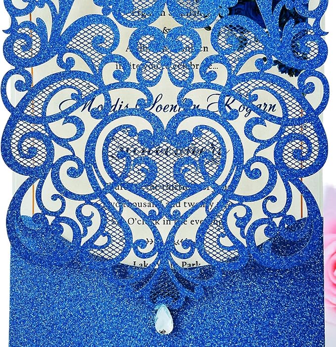 Hosmsua 50pcs Personalized Wedding Invitation Kit 5.12 x 7.3 Inch Royal Blue Laser Cut Flora Rehearsal Wedding Invitations with Envelopes for Quinceañera Bridal Shower Invite