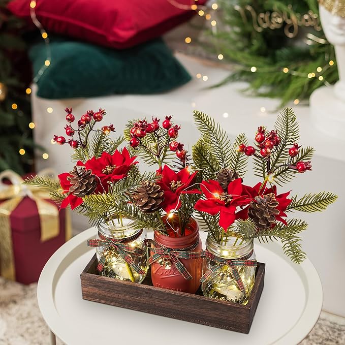 3 Pcs Mason Jar Centerpiece Decorations for Christmas Table Decor Farmhouse Coffee Table Decor Christmas Kitchen and Room Decor,Red