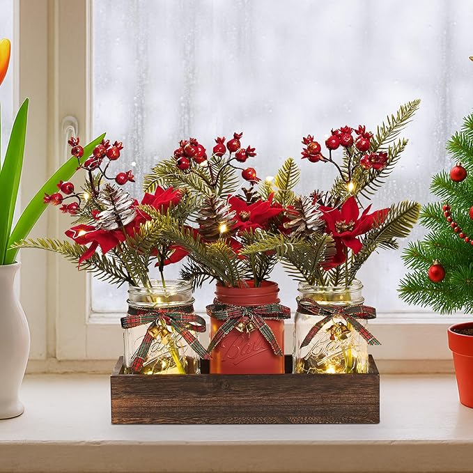 3 Pcs Mason Jar Centerpiece Decorations for Christmas Table Decor Farmhouse Coffee Table Decor Christmas Kitchen and Room Decor,Red