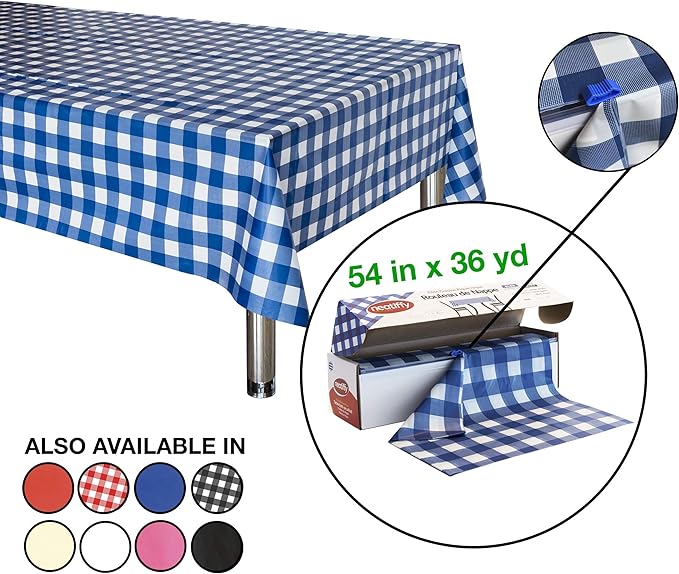 Blue Gingham Disposable Plastic Tablecover Roll, 54-Inch Wide