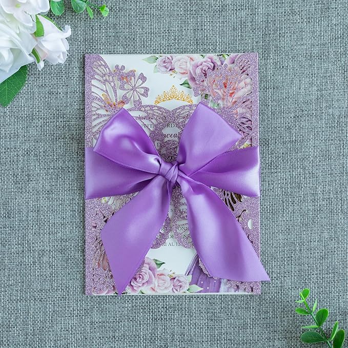 20 PCS 5.12x7.2 Butterfly Personalized Quinceanera Invitation, Customized XV Anos Laser Cut Invitation Cards with Envelopes (Purple Glitter Personalized)