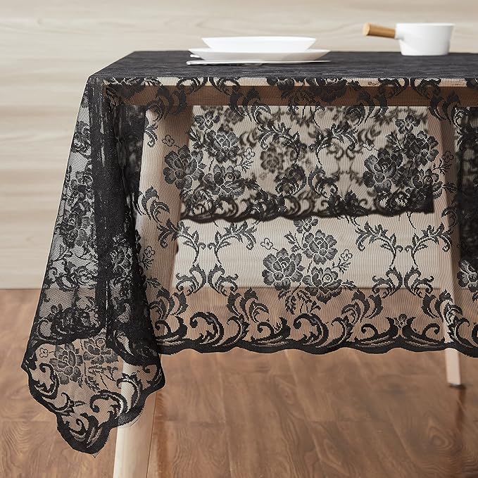 LinenZone Square Black Tablecloth for Rustic Vintage Decor. Sheer Lace Table Cloth Works Great As Wedding Tablecloth or Thanksgiving Table Cover. (Mia TC 60 x 60, Black)