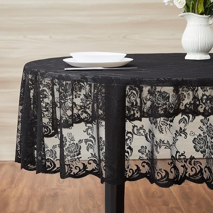 LinenZone Extra Large Black Round Tablecloth for Rustic Vintage Decor. Sheer Lace Table Cloth Works Great As Wedding Tablecloth or Thanksgiving Table Cover. (Mia 132 Round, Black)