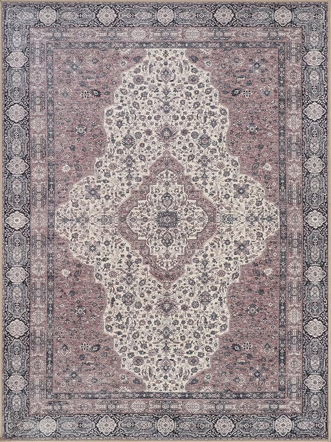 Bloom Rugs Washable Non-Slip 6' x 9' Rug - Cream/Green Traditional Medallion Area Rug for Living Room, Bedroom, Dining Room, and Kitchen - Exact Size: 6' x 9'