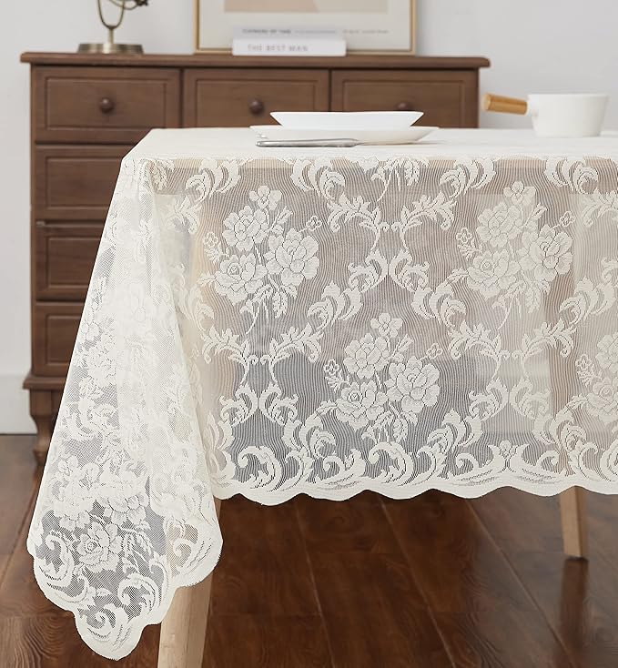 LinenZone Square Ivory Tablecloth for Rustic Vintage Decor. Sheer Lace Table Cloth Works Great As Wedding Tablecloth or Thanksgiving Table Cover. (Mia TC 60 x 60, Ivory)