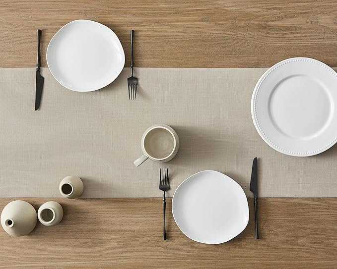 ZeeMart Linen Textured Border Table Runner, 14 x 90 Inch Natural, Farmhouse Style Neutral Table Runners 90 Inches Long, Easy Care Everyday Polyester Table Runner