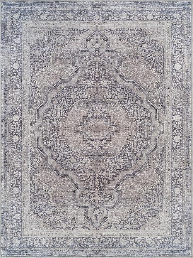 Bloom Rugs Washable Non-Slip 6' x 9' Rug - Blue/Steel Gray/Beige Traditional Medallion Area Rug for Living Room, Bedroom, Dining Room, and Kitchen - Exact Size: 6' x 9'