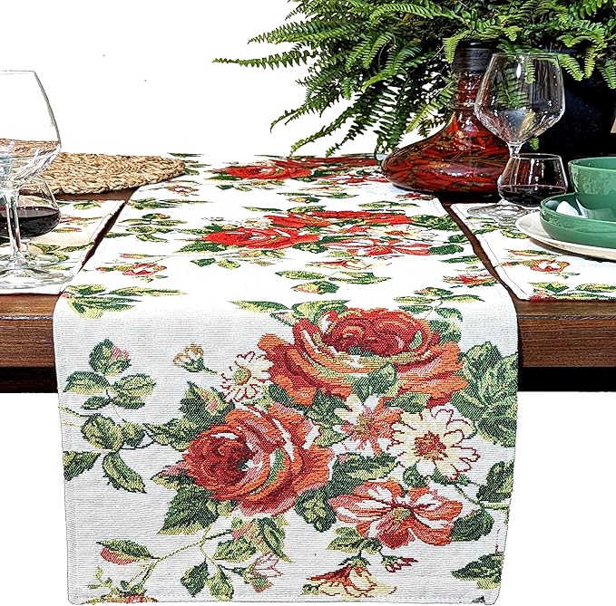 Tache Sweet Roses Spring Summer Traditional Country Vintage White Red Floral Decorative Woven Tapestry Dresser Kitchen Coffee Table Runners, 13x54