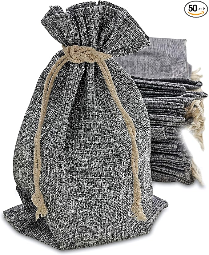Gift Bags - 50 Pack Gray Burlap with Jute Drawstring, 7 x 10 Inch