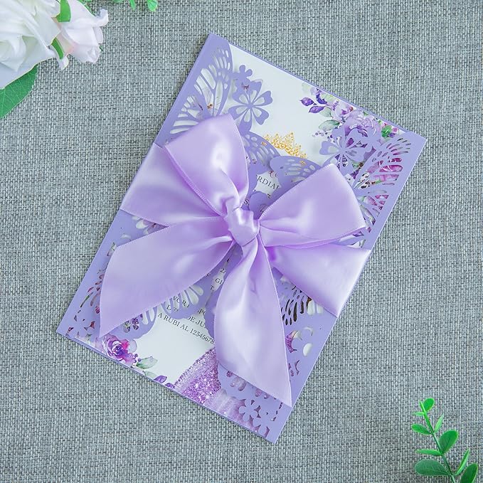 20 PCS 5.12x7.2 Butterfly Quinceanera Invitation Cards, Laser Cut Wedding 5x7 Invitation Cards with Envelopes for XV Anos Bridal Shower Baby Shower Invite (Violet)