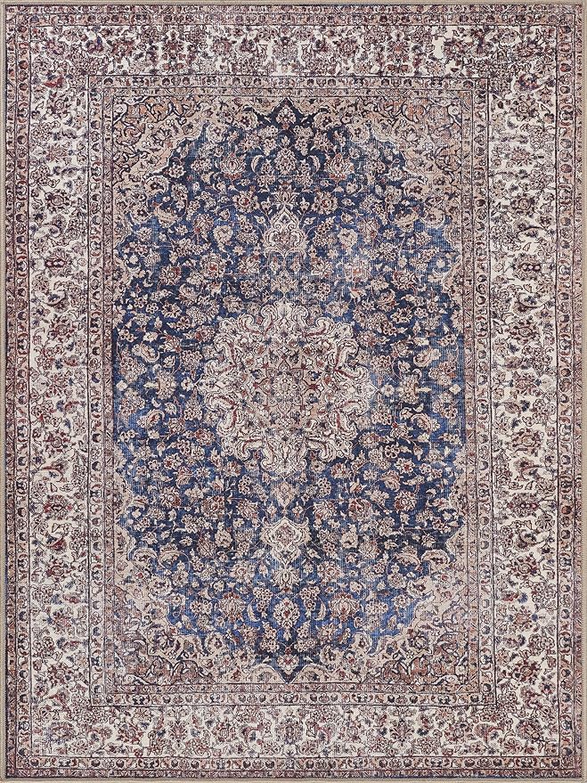 Bloom Rugs Washable Non-Slip 3' x 5' Rug - Dark Blue/Beige Traditional Medallion Area Rug for Living Room, Bedroom, Dining Room, and Kitchen - Exact Size: 3' x 5'