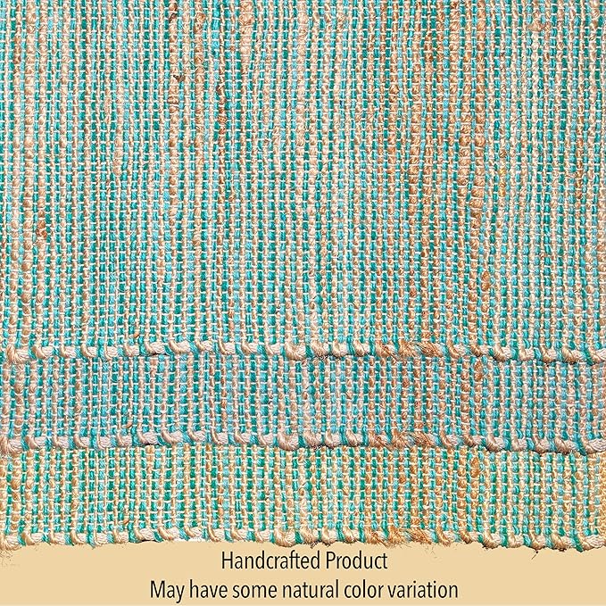Chardin home Natural Jute Table Runner 13x48 Inch – Vintage Boho Rustic Table Decor – Handwoven Table Runner in Natural Jute and Aqua Turquoise – Farmhouse Dining or Console Table Accent