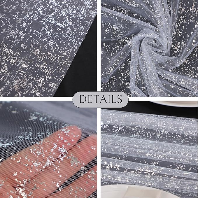 Snowkingdom 3 Pcs 10 FT Silver Cheesecloth Table Runner, 120 Inch Sheer Chiffon Gauze Runner, Sequin Glitter Silver Table Decoration Centerpieces for Wedding Birthday Christmas Bridal Baby Shower