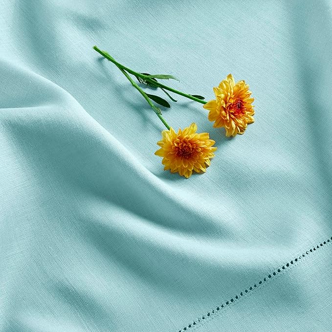 Solino Home Linen Aqua Blue Table Runner 108 Inches Long - 100% Pure Linen Hemstitch 14 x 108 Inch Table Runner for Dining - Classic Hemstitch